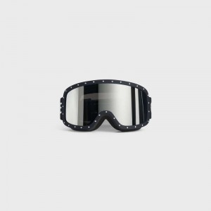 Black/Black Celine Ski Mask in Plastic with Metal Studs & Mirror Lenses Sunglasses | CL-591761