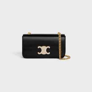 Black Celine CHAIN SHOULDER BAG with strass closure in shiny calfskin Triomphe | CL-593231