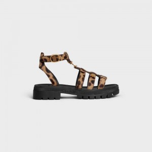 Black / Brown / Beige Celine CLEA TRIOMPHE GLADIATOR CHUNKY in LEOPARD PRINTED HAIRY CALFSKIN Sandals | CL-592573