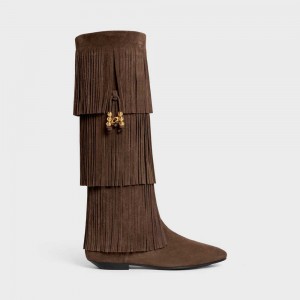 Dark Brown Celine IRINA HIGH WITH FRINGES & EMBELLISHED TASSELS in Suede calfskin Boots | CL-592519