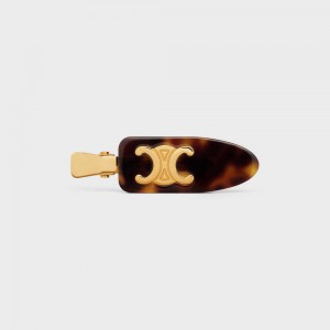 Dark Havana / Gold Celine Triomphe Flat Hair Clip in Dark Havana Acetate and Brass with Gold Finish and Steel Hair Accessories | CL-592322