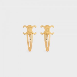 Gold Celine Hair Accessories Set of 2 Triomphe Snap Hair Clips in Brass with Gold Finish and Steel Hair Accessories | CL-592316