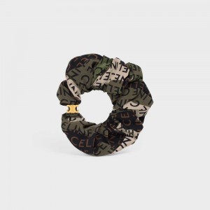 Gold / Khaki Celine Scrunchy Camouflage in Brass with Gold Finish and Khaki Silk Hair Accessories | CL-592326