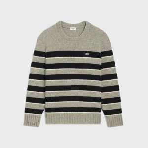 LIGHT GREY/BLACK Celine triomphe crew neck in striped wool Knitwear | CL-592100