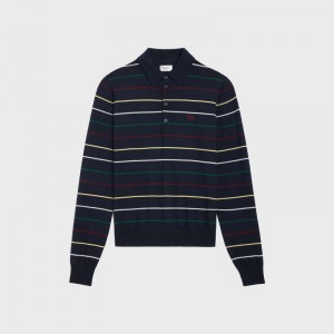 NAVY/MULTICOLORE Celine striped triomphe polo in fine wool Knitwear | CL-592103