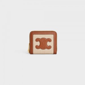 Natural / Tan Celine COMPACT ZIPPED CUIR TRIOMPHE in Textile and calfskin Wallets | CL-592997