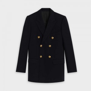 Navy Celine Long in diagonal wool Jackets | CL-592653