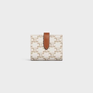 White/Tan Celine Small Strap Essentials in Triomphe Canvas and Lambskin Wallets | CL-592988