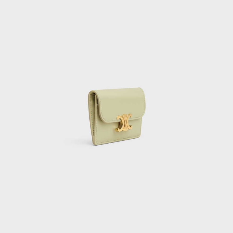 ALMOND GREEN Celine FLAP TRIOMPHE Shiny calfskin Card Holders | CL-592948