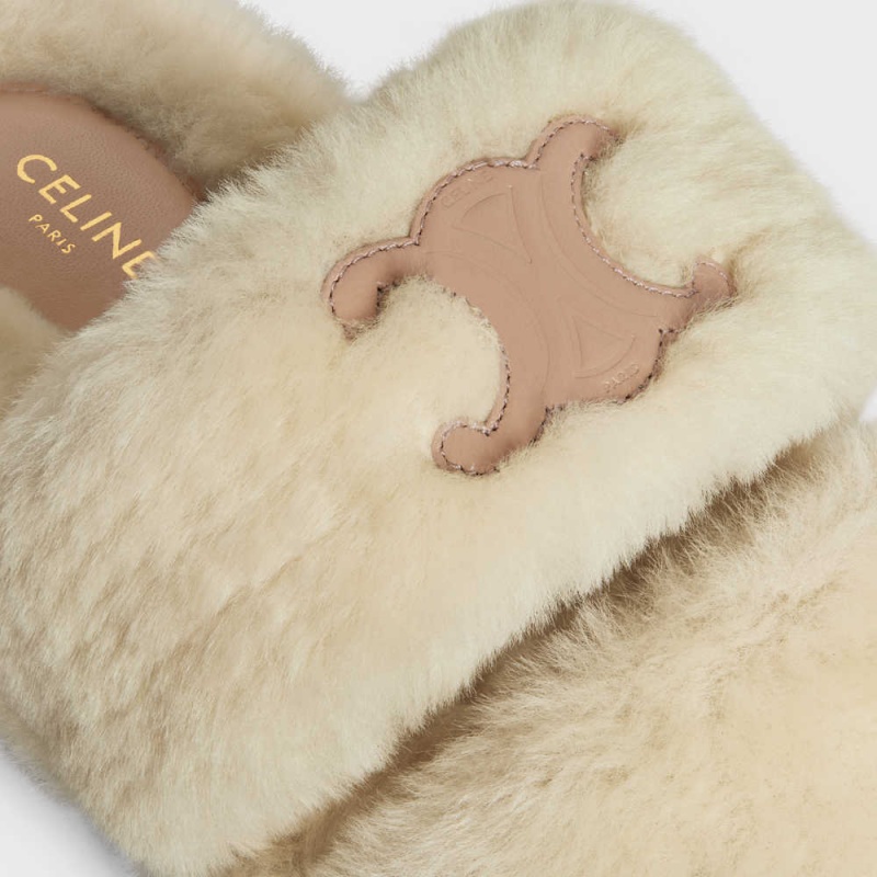 Beige/Nude Celine FUR SLIDES TRIOMPHE OPEN SLIDES in Shearling Loafers | CL-592538