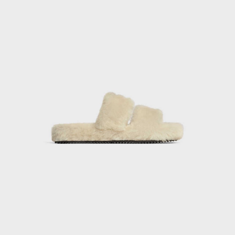 Beige/Nude Celine FUR SLIDES TRIOMPHE OPEN SLIDES in Shearling Loafers | CL-592538