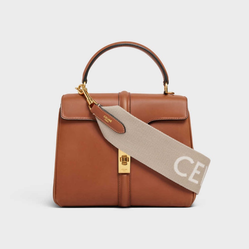 Beige/White Celine Short Strap in Wool with jacquard with GOLD FINISHING Leather Goods Accessories | CL-592915