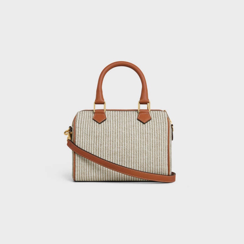 Beige Celine SMALL BOSTON in STRIPED TEXTILE AND CALFSKIN Cuir Triomphe | CL-593151