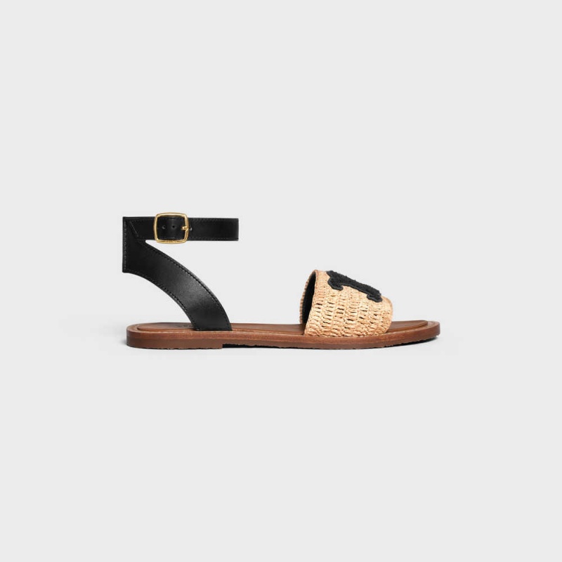 Beige / Black Celine LYMPIA FLAT STRAP in RAFFIA & CALFSKIN Sandals | CL-592578