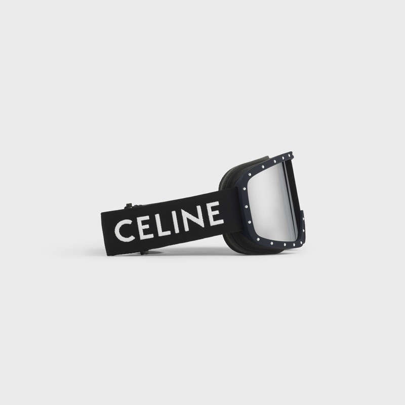 Black/Black Celine Ski Mask in Plastic with Metal Studs & Mirror Lenses Sunglasses | CL-591761