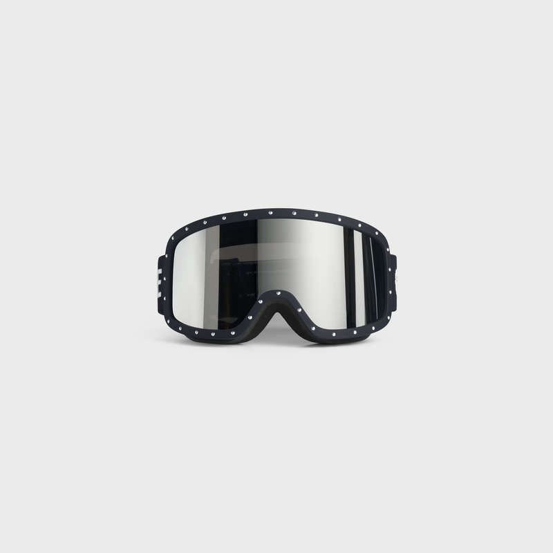 Black/Black Celine Ski Mask in Plastic with Metal Studs & Mirror Lenses Sunglasses | CL-591761