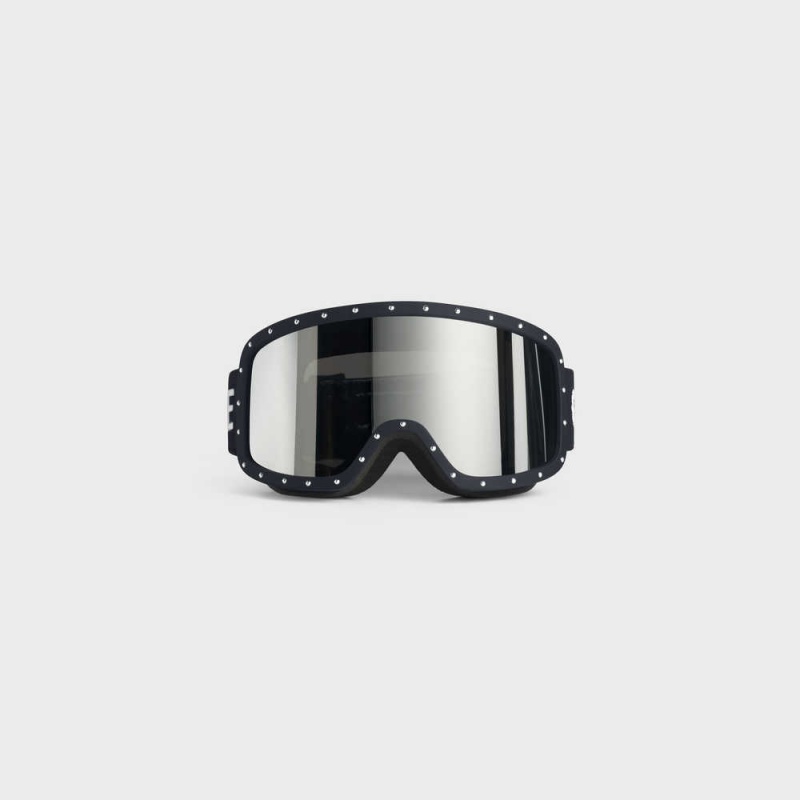 Black/Black Celine Ski Mask in Plastic with Metal Studs & Mirror Lenses Sunglasses | CL-592441