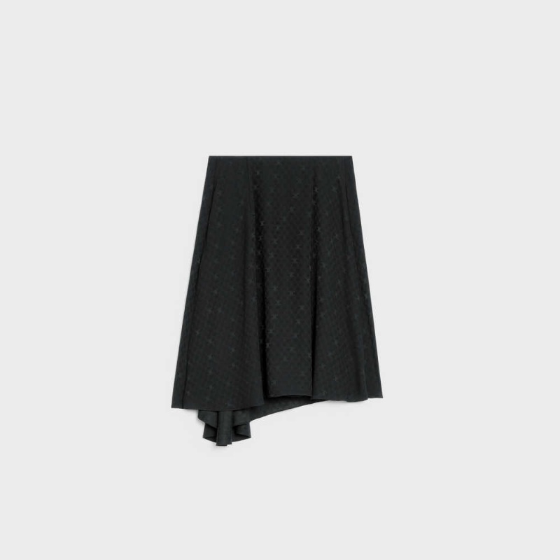 Black Celine Asymmetrical in shiny matte Silk Skirts | CL-592873