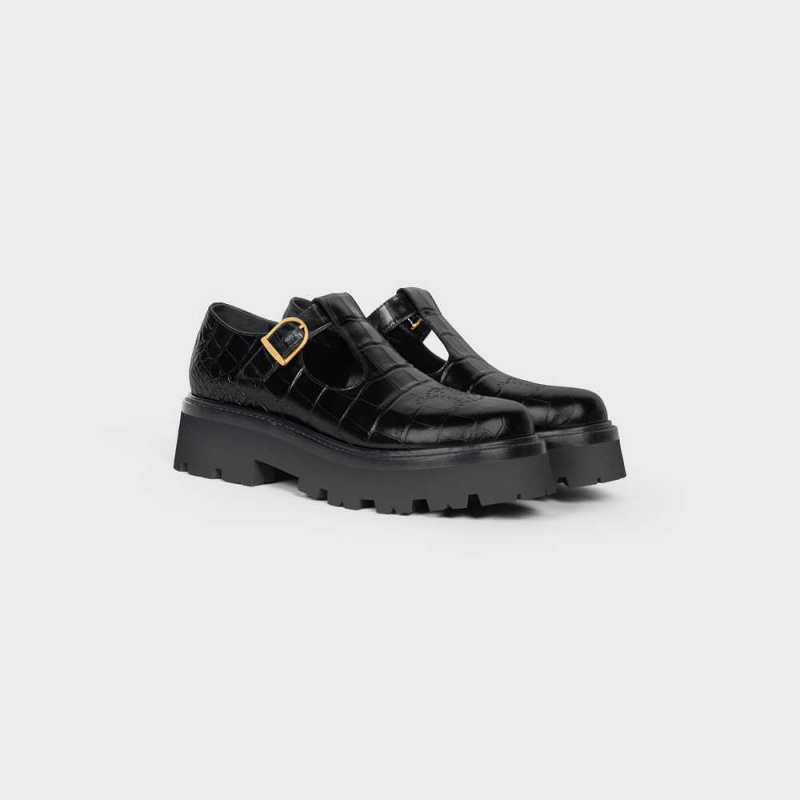 Black Celine Bulky triomphe perforated babies in CROCODILE STAMPED CALFSKIN Loafers | CL-592532