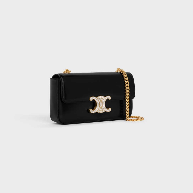 Black Celine CHAIN SHOULDER BAG with strass closure in shiny calfskin Triomphe | CL-593231