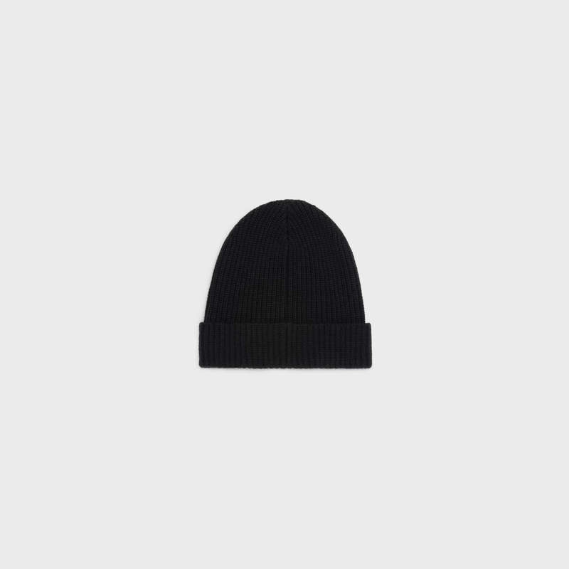 Black Celine EMBROIDERED BEANIE IN RIBBED WOOL Hat | CL-591718