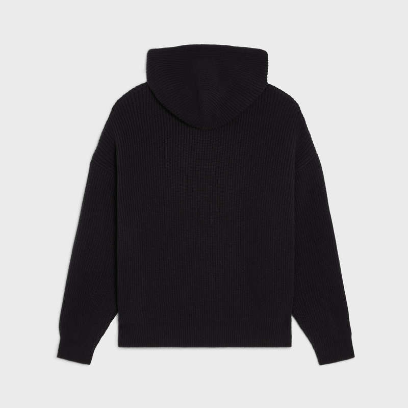 Black Celine EMBROIDERED HOODED IN RIBBED WOOL Sweatshirts | CL-592108