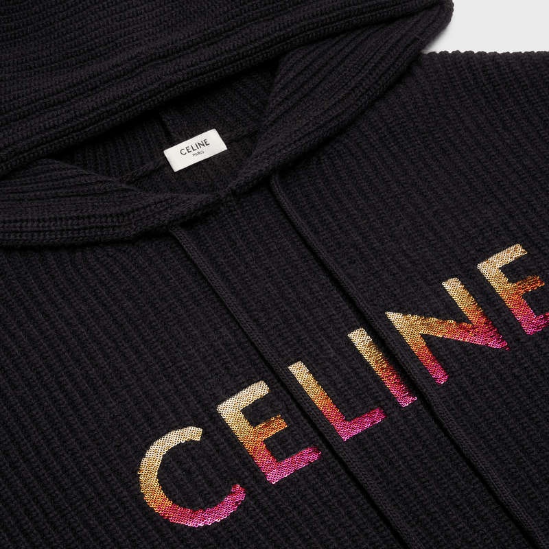 Black Celine EMBROIDERED HOODED IN RIBBED WOOL Sweatshirts | CL-592108