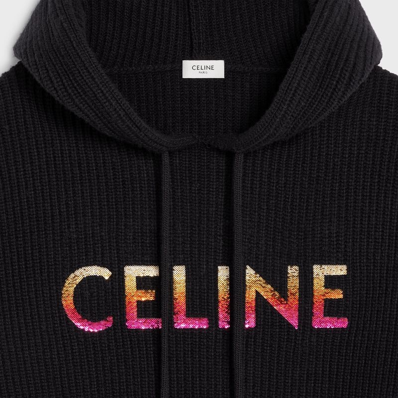 Black Celine EMBROIDERED HOODED IN RIBBED WOOL Sweatshirts | CL-592108