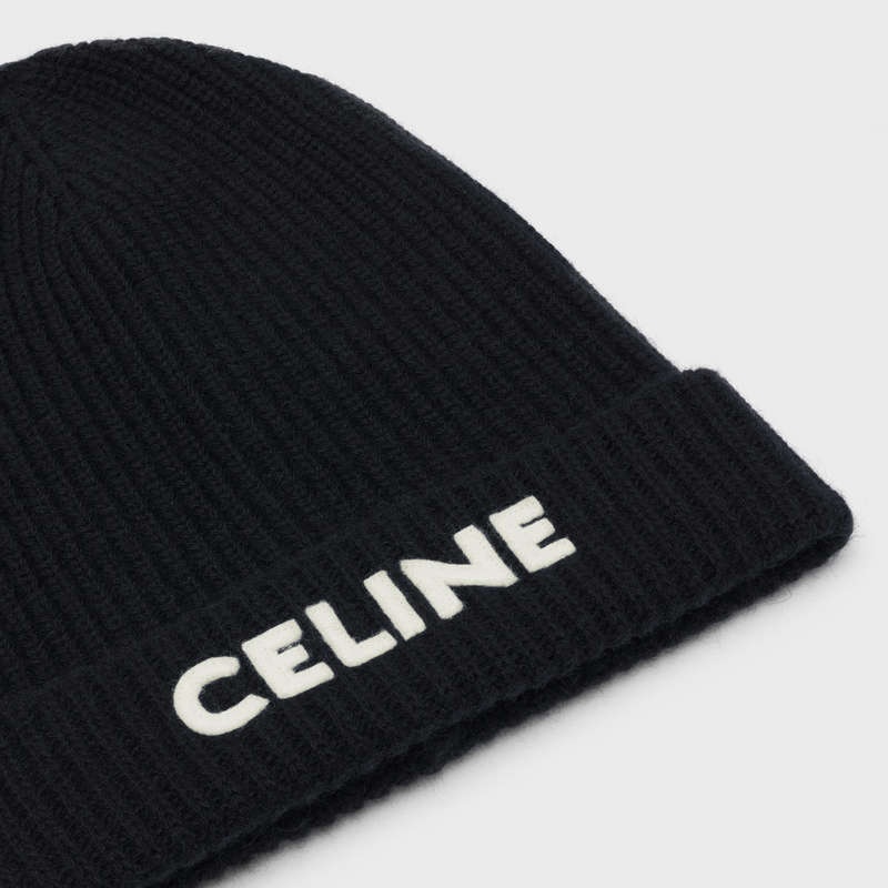 Black Celine EMBROIDERED KNIT WOOL BEANIE Hat | CL-591714