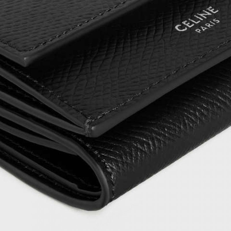 Black Celine Folded Compact in Grained Calfskin Wallets | CL-591796