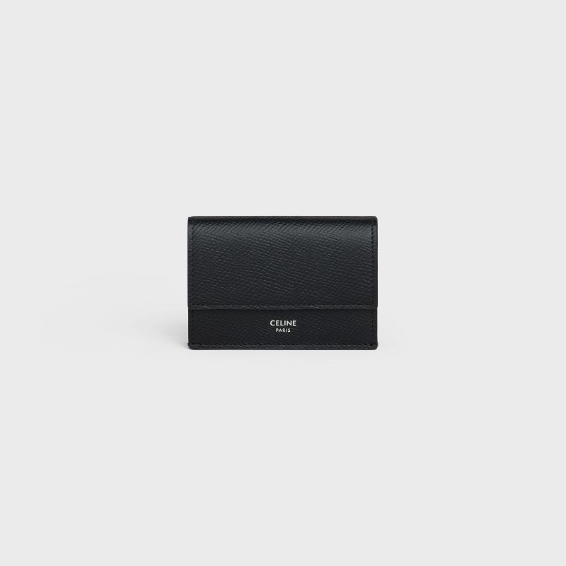 Black Celine Folded Compact in Grained Calfskin Wallets | CL-591796