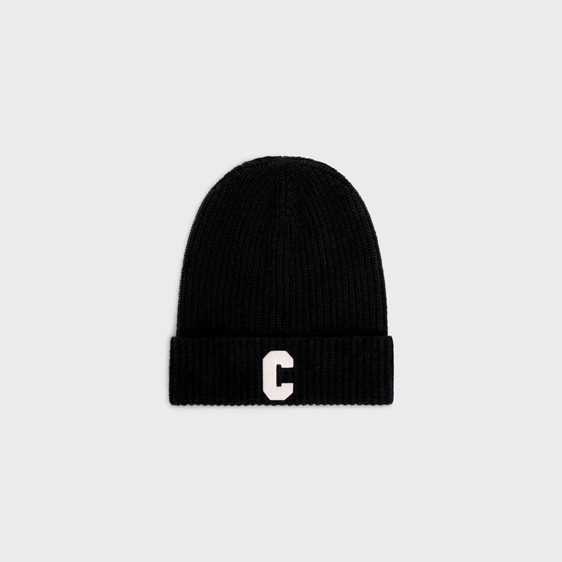 Black Celine INITIAL BEANIE in ribbed wool Hat | CL-591713