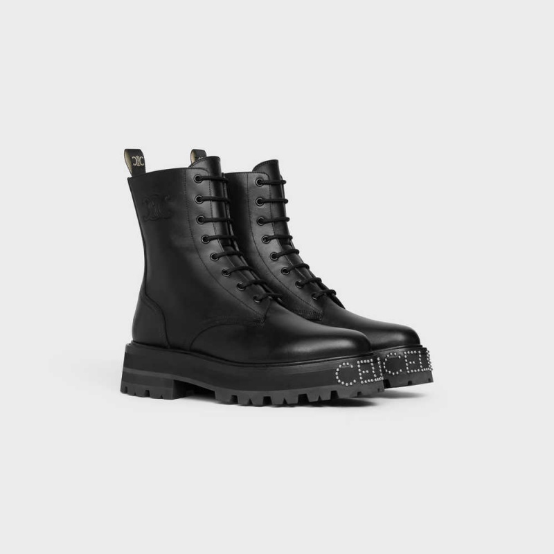 Black Celine LACE-UP WITH TRIOMPHE AND STUDDED OUTSOLE BULKY in SHINY BULLSKIN Boots | CL-592508