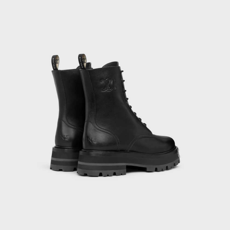 Black Celine LACE-UP WITH TRIOMPHE AND STUDDED OUTSOLE BULKY in SHINY BULLSKIN Boots | CL-592508