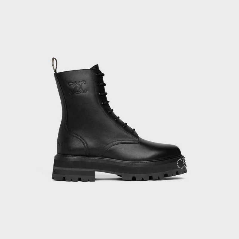 Black Celine LACE-UP WITH TRIOMPHE AND STUDDED OUTSOLE BULKY in SHINY BULLSKIN Boots | CL-592508