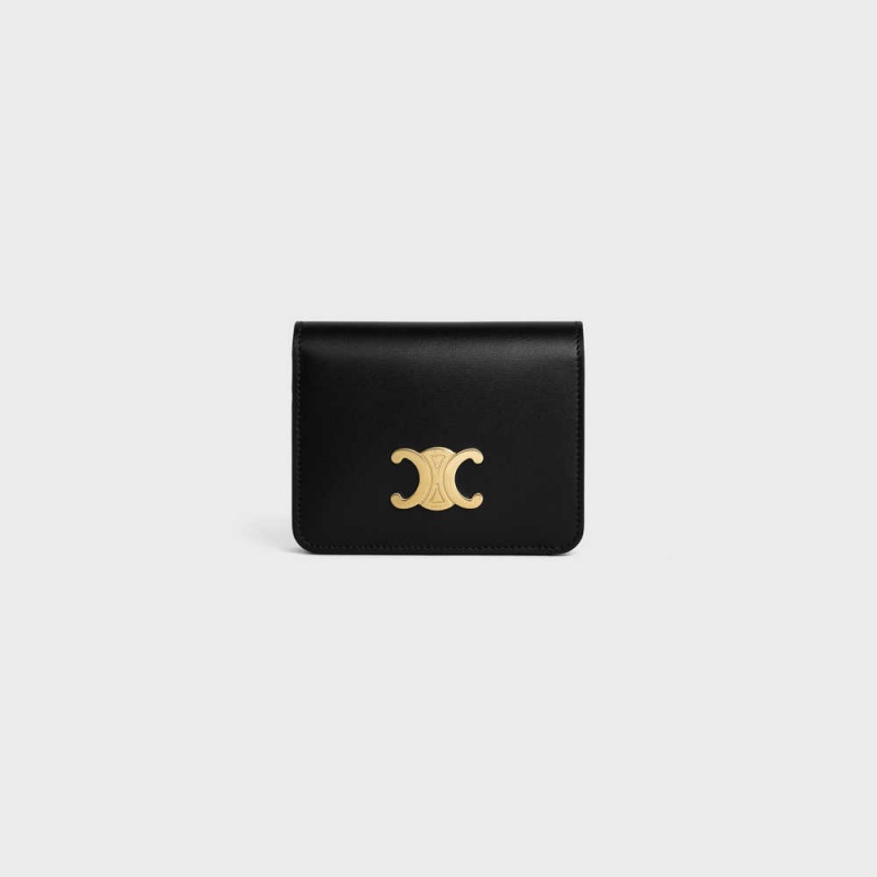 Black Celine TRIOMPHE COMPACT in Shiny calfskin Wallets | CL-592964