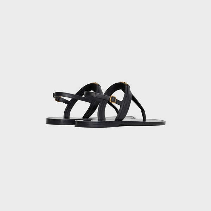 Black Celine Triomphe Thong in Vegetable - Tanned Calfskin Sandals | CL-592588