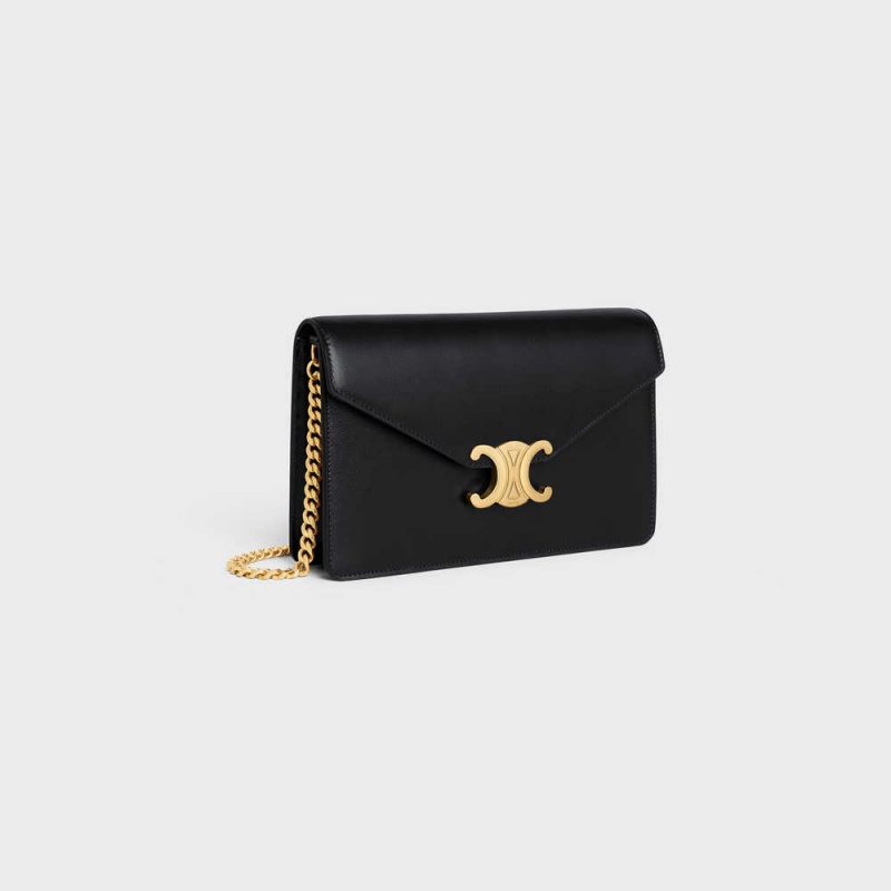 Black Celine Wallet on Chain TRIOMPHE in Shiny calfskin Mini Bags | CL-593021