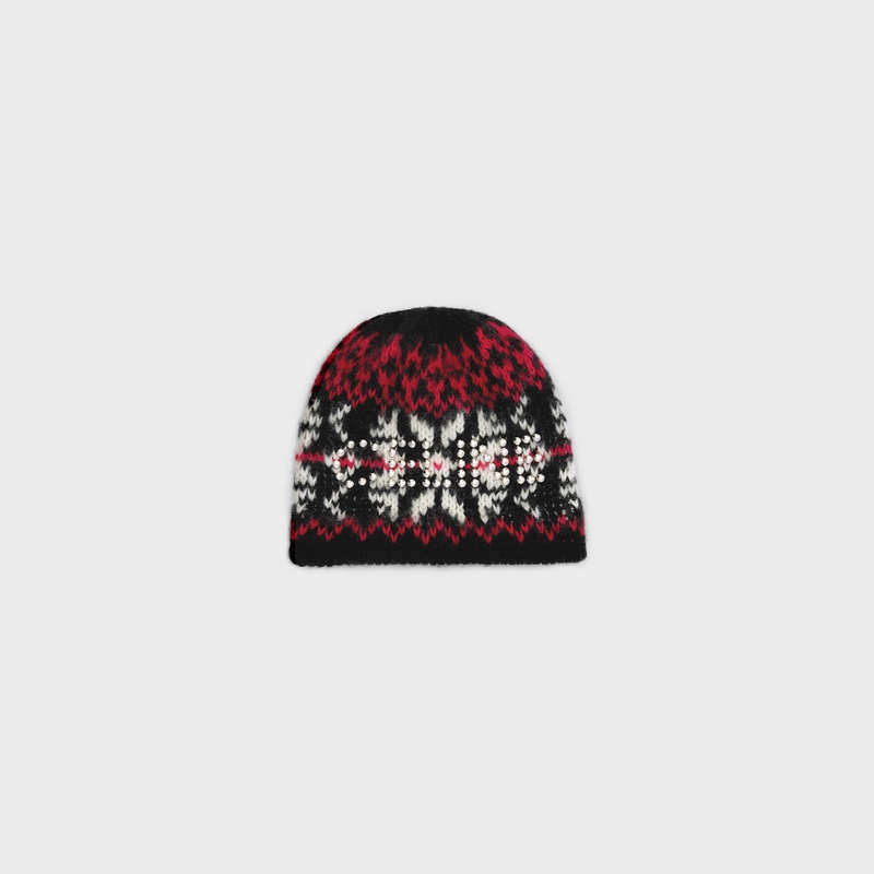 Black / Red / Off White Celine studs beanie in snowflakes wool Hat | CL-591719