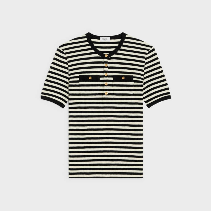 Black / white Celine Marinière in ribbed cotton jersey T-shirts | CL-592782