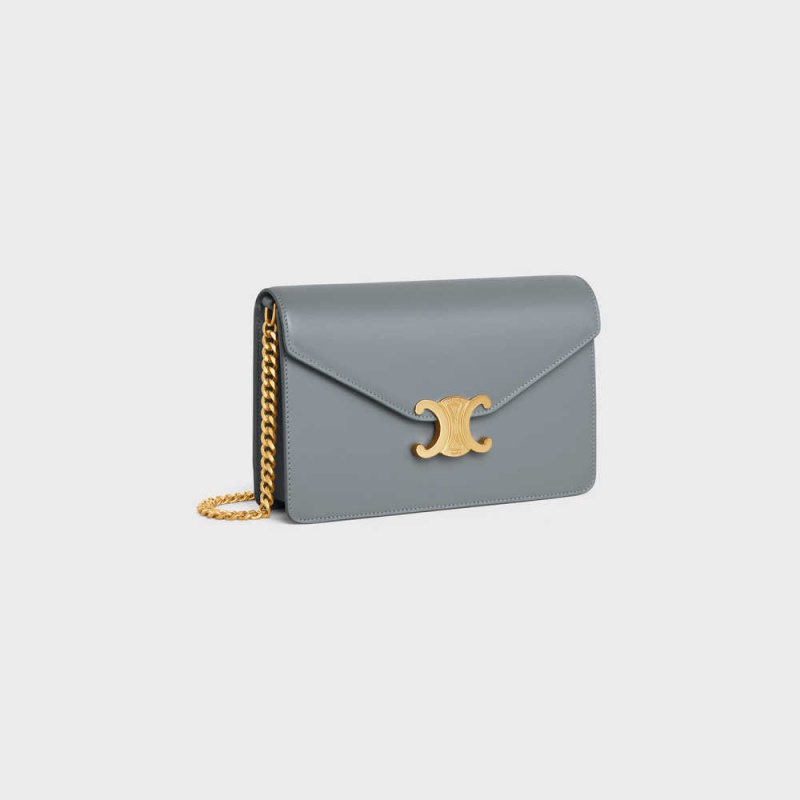 Blue Grey Celine Wallet on Chain TRIOMPHE in Shiny calfskin Mini Bags | CL-593022