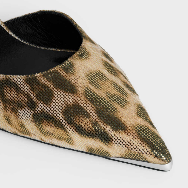 Brown / Gold Celine KITTEN WITH METAL TOE in LEOPARD PRINTED LAMINATED FABRIC Pumps | CL-592563