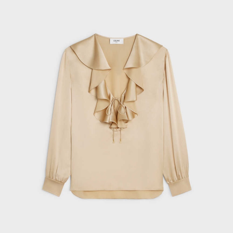 Champagne Celine Blouse with jabot in satin crepe Shirts | CL-592815