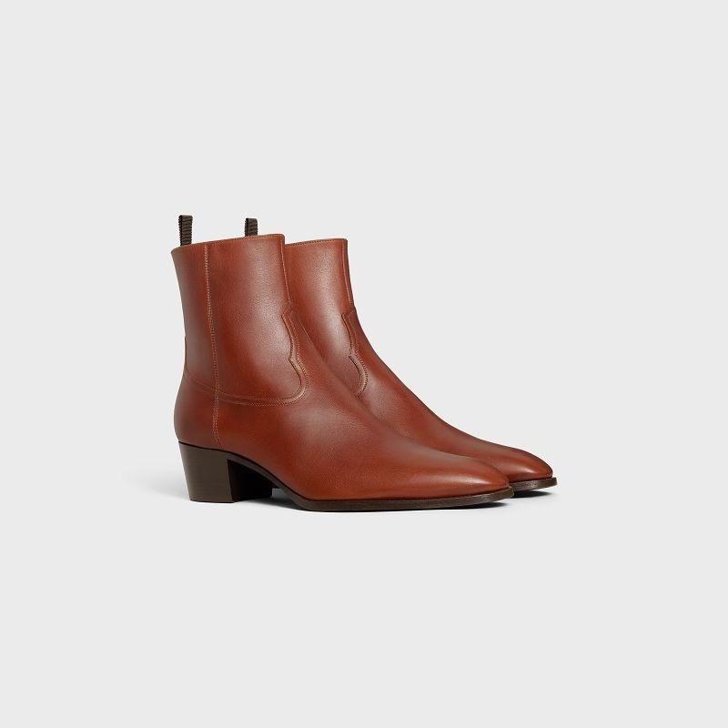 Cognac Celine WESTERN ZIPPED ISAAC in Calfskin Boots | CL-591862