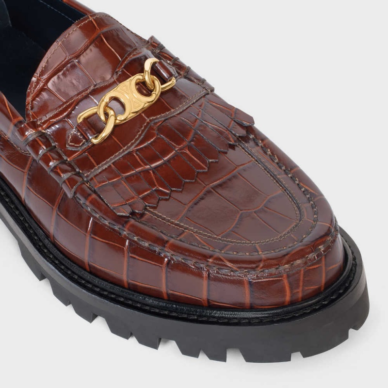 Dark Brown Celine MARGARET WITH TRIOMPHE in CROCODILE STAMPED CALFSKIN Loafers | CL-592523