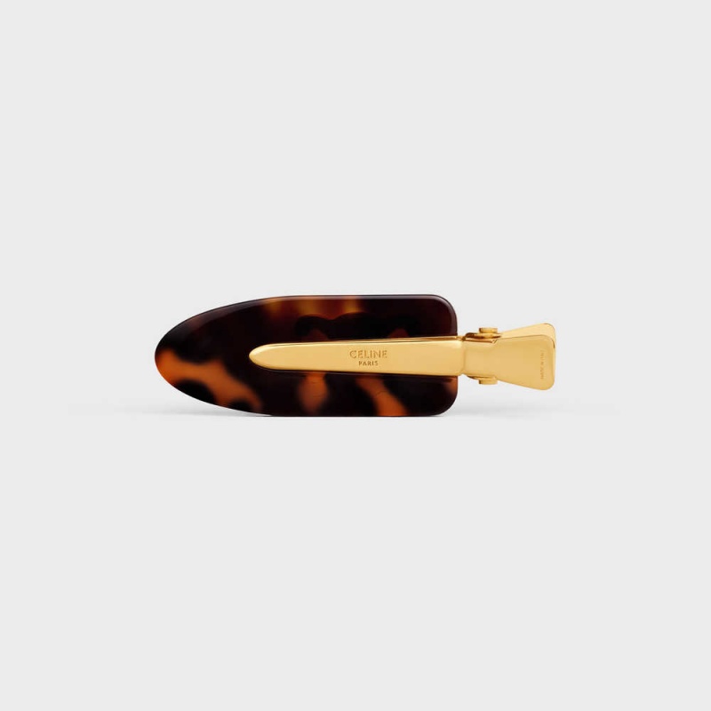 Dark Havana / Gold Celine Triomphe Flat Hair Clip in Dark Havana Acetate and Brass with Gold Finish and Steel Hair Accessories | CL-592322