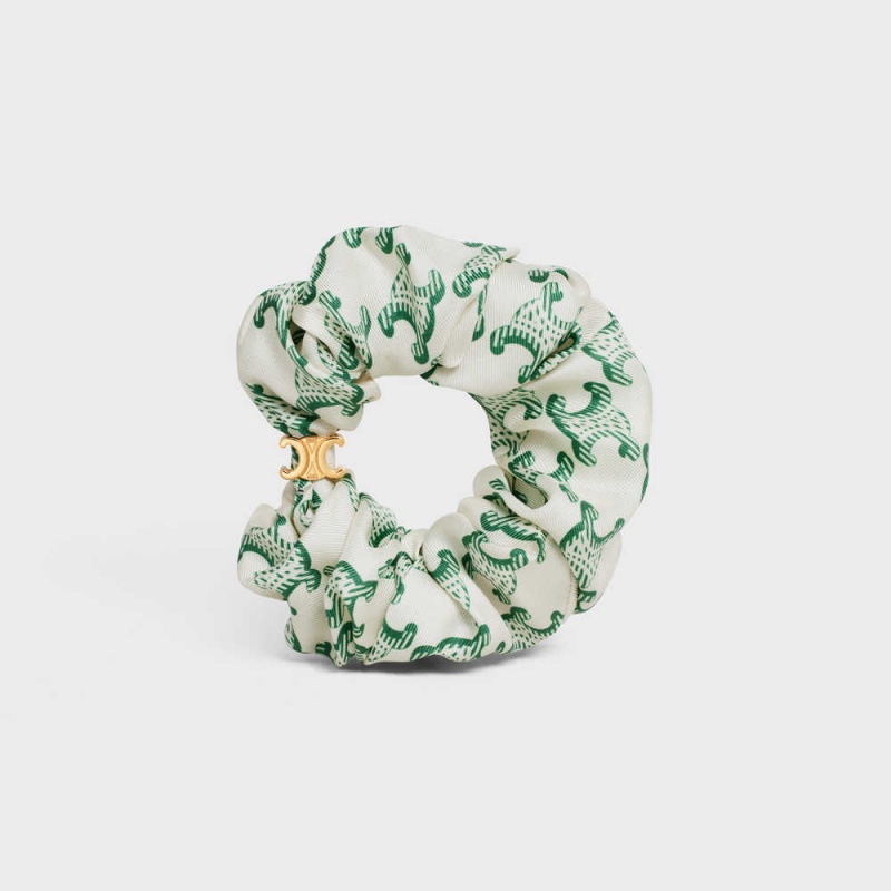 Gold/White/Green Celine Scrunchy Triomphe in Brass with Gold Finish and Silk Hair Accessories | CL-592331