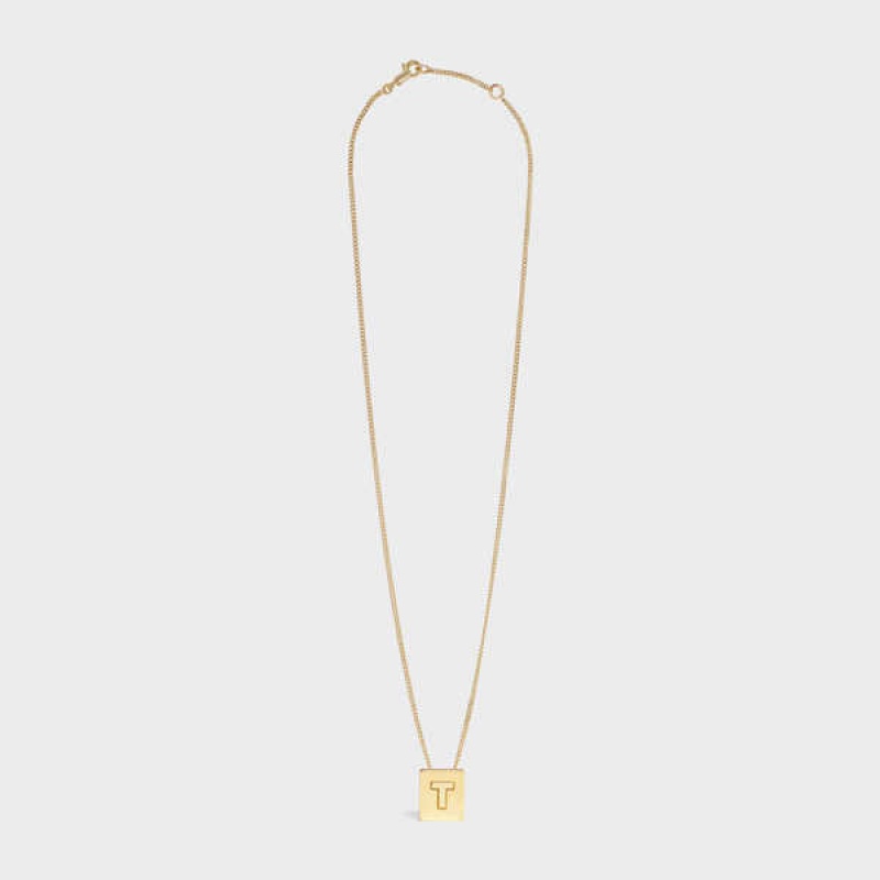 Gold Celine Alphabet T in Brass with Gold finish Necklaces | CL-592283