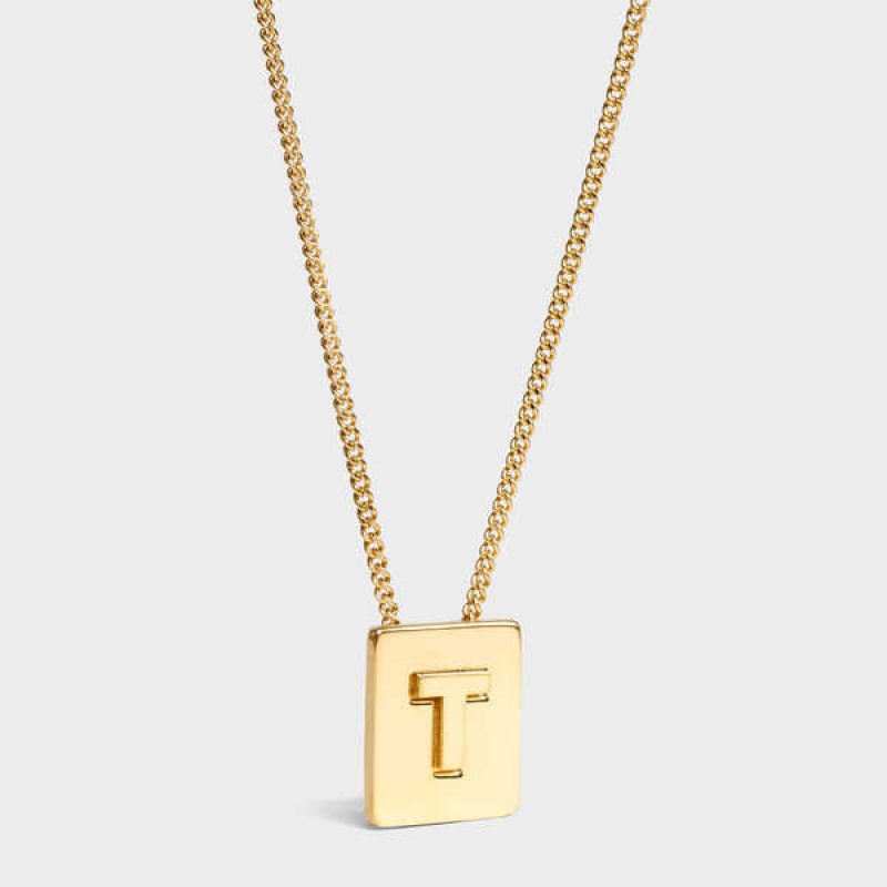 Gold Celine Alphabet T in Brass with Gold finish Necklaces | CL-592283