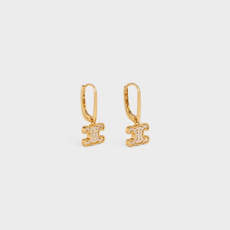 Gold Celine Triomphe Rhinestone in Brass with Gold Finish and Crystals Earrings | CL-592303